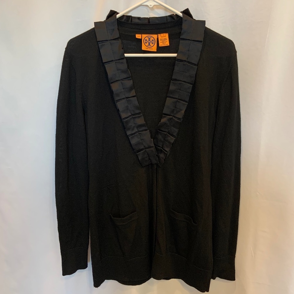 Tory Burch Merino Wool & Silk Gauge Cardigan in Black Size M